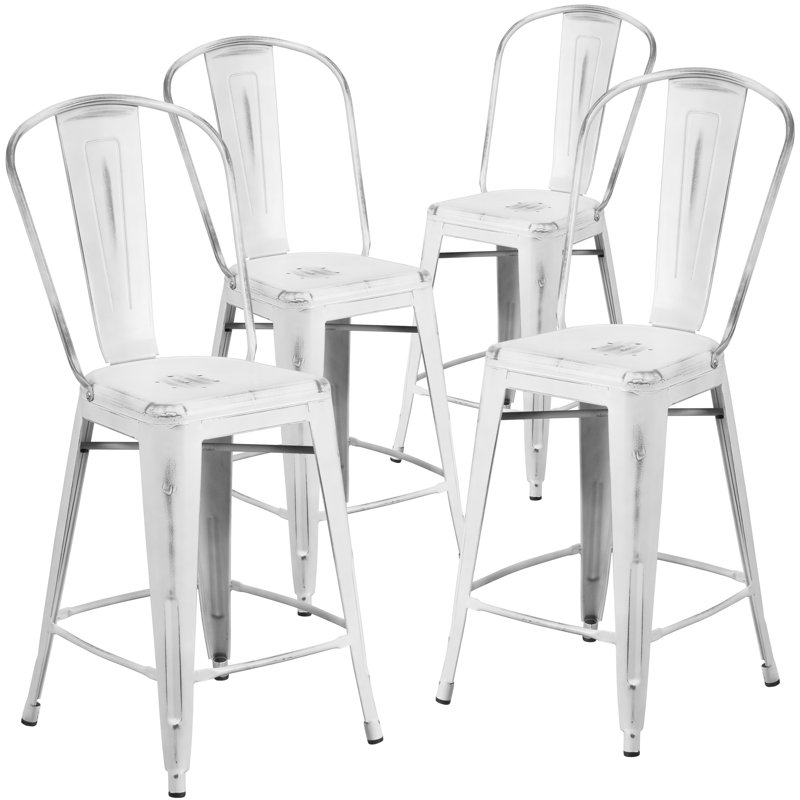 Commercial Grade Distressed Metal Indoor-Outdoor Counter Height Stool with Back, White, Counter Stool (24" Seat Height)