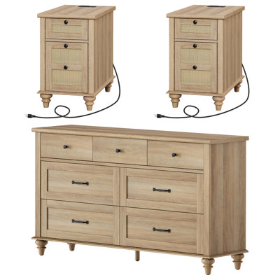 Fantashia 3 Piece Bedroom Set - Includes Farmhouse 7 Drawer Dresser, Set Of 2 Rattan End Tables With Charging Station, 3 Piece Dresser And Nightstand Sets, Oak