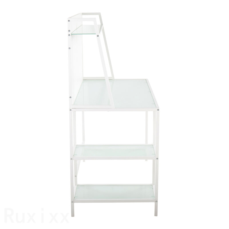 Bureau contemporain Tier, métal blanc et verre givré, Blanc / blanc