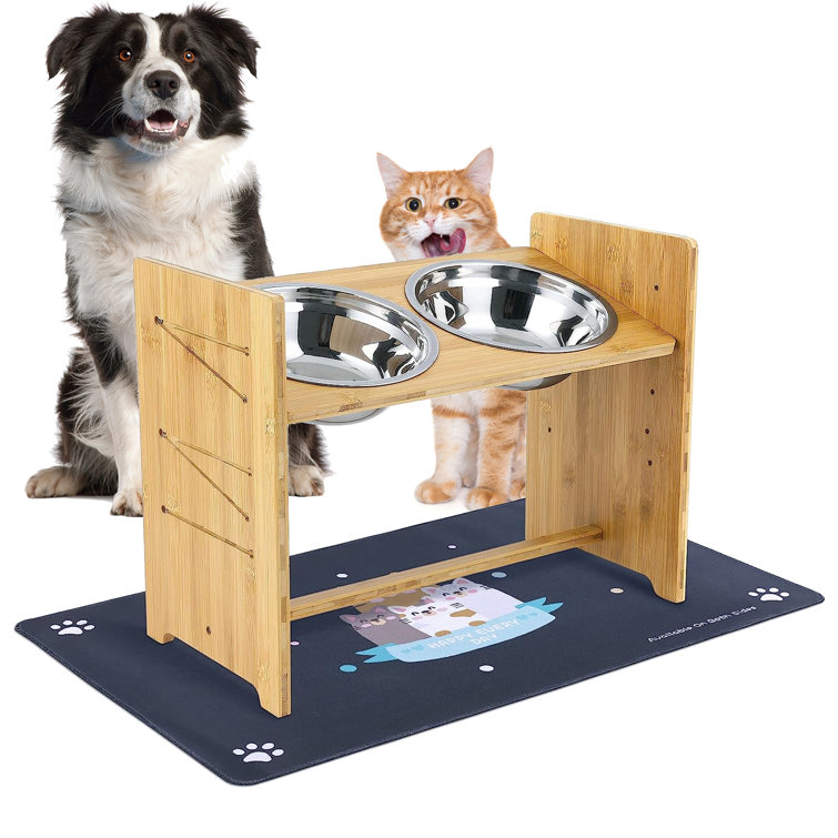 Wood Elevated Dog Bowls With Stand Adjustable Raised Puppy Cat