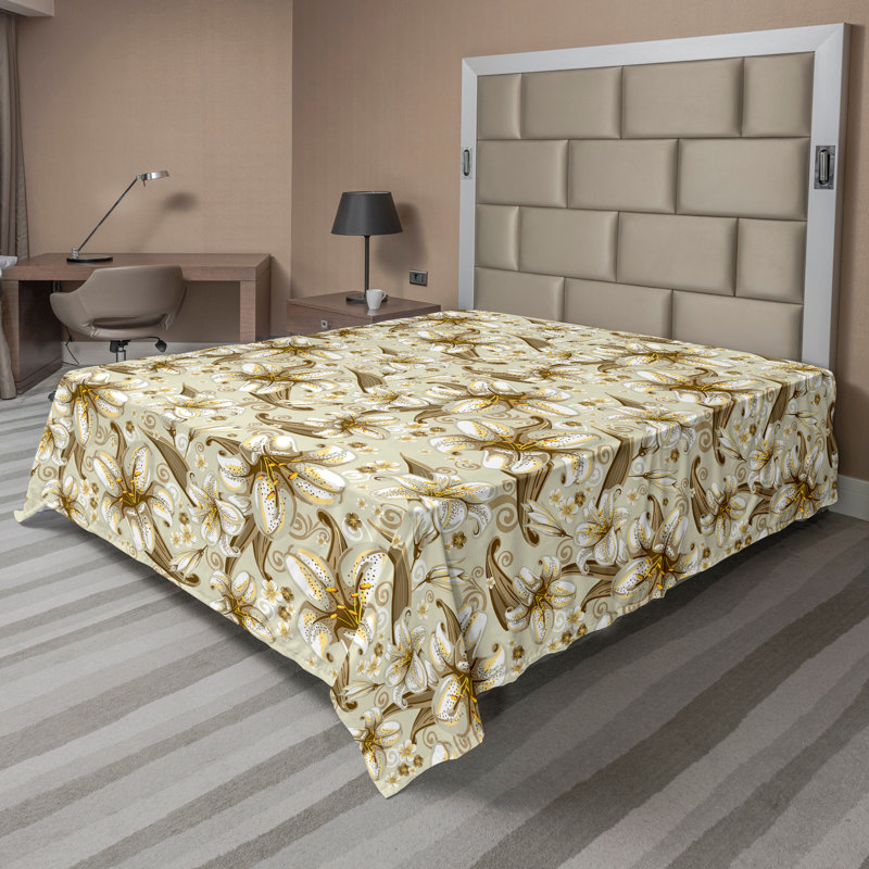 Ambesonne Top Flat Sheet Curving Art, Full Flat Sheet, White Yellow Beige Floral