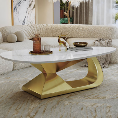 Table basse moderne en pierre frittée avec base en acier inoxydable