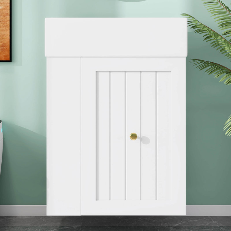 Meuble-lavabo de 20 po, meuble-lavabo flottant mural avec tiroir, tablette latérale et poignée argentée, armoire de rangement pour salle de bain