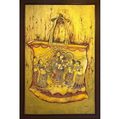 Le thème de Krishna Leela avec Gopis | Acrylique sur toile | Par Nikunja Bihari Das | Avec cadre