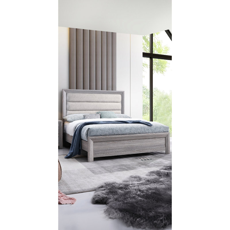 Grand lit contemporain en bois flotté avec tête de lit et panneau à rainures pour la conception d'espace, Grand lit