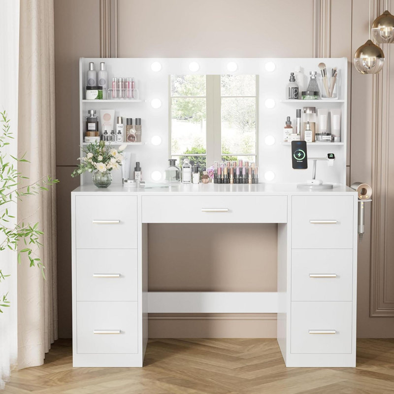 Bureau de coiffeuse avec miroir, prise de courant et 10 lumières, table de maquillage avec 7 tiroirs, 3 modes de couleurs disponibles pour la chambre à coucher