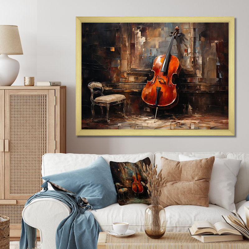 Violoncelle charisma profond bourgogne III sur toile, Cadre doré simple, H 30 po x l 40 po x P 1,5 po