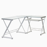 Techni Mobili L-Shaped Tempered Glass Top Computer Desk With Pull Out Keyboard Panel, Clear
