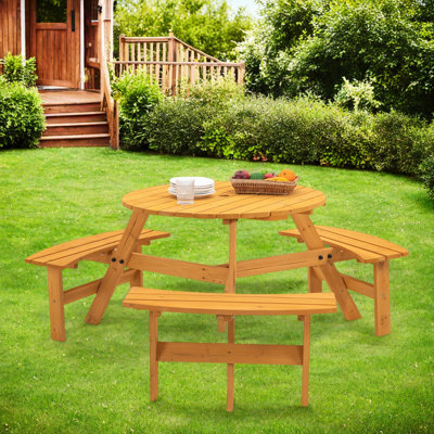 Picnic Table Picnic Table Outdoor 6-person Picnic Table With 3 Curved Benches, Round Tabletop And Umbrella Hole