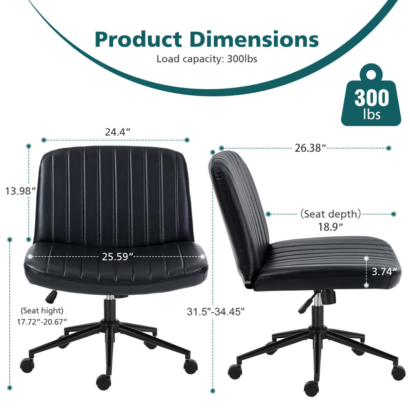 Avicia 26" Wide Seat Criss Cross Legged Office Chair, Armless Office Desk Chair With Wheels, Black Leather