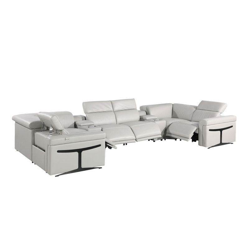Canapé modulaire en forme de U inclinable électrique en cuir italien clair gris clair avec huit consoles