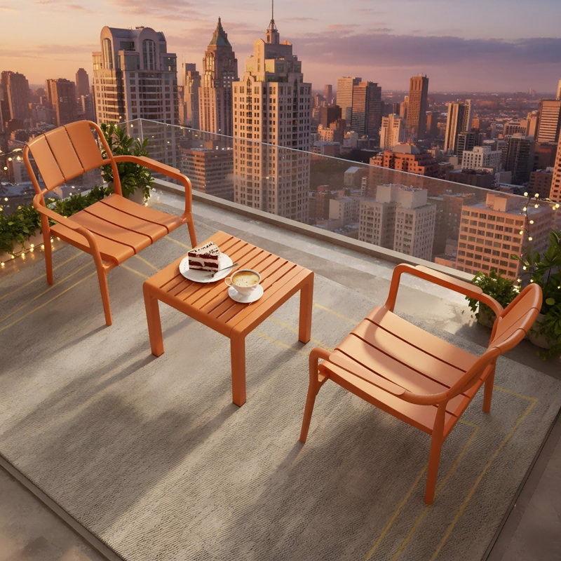 Apricot Brown PP Single Chair Two-Piece Set With Coffee Table, Suitable For Both Indoor And Outdoor Use. Chairs Are Self-Assembly Required, Coffee Table Is Easy To Assemble.