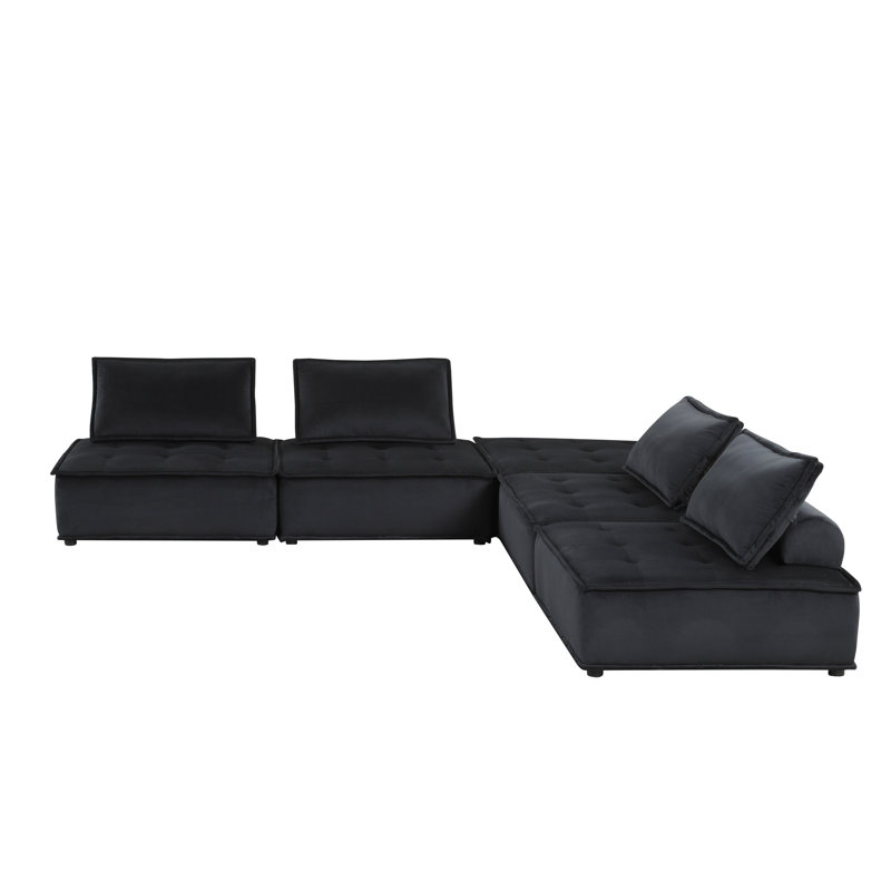 Canapé modulaire en velours noir et ressorts hélicoïdaux