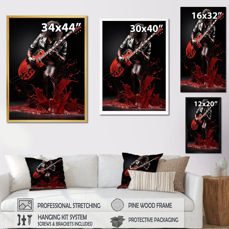 Xabian, rouge, noir, musique, guitare, passion, H 32 po x l 24 po x P 1 po, Toile tendue