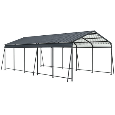 26.5 Ft Long Carport With 13 Width, Heavy Duty Canopy Featuring Galvanized Steel Structure, 6 Fixed Inclined Square Tube Supports For Stable Car And Truck Protection, Vertical Stripe Roof Design Snow