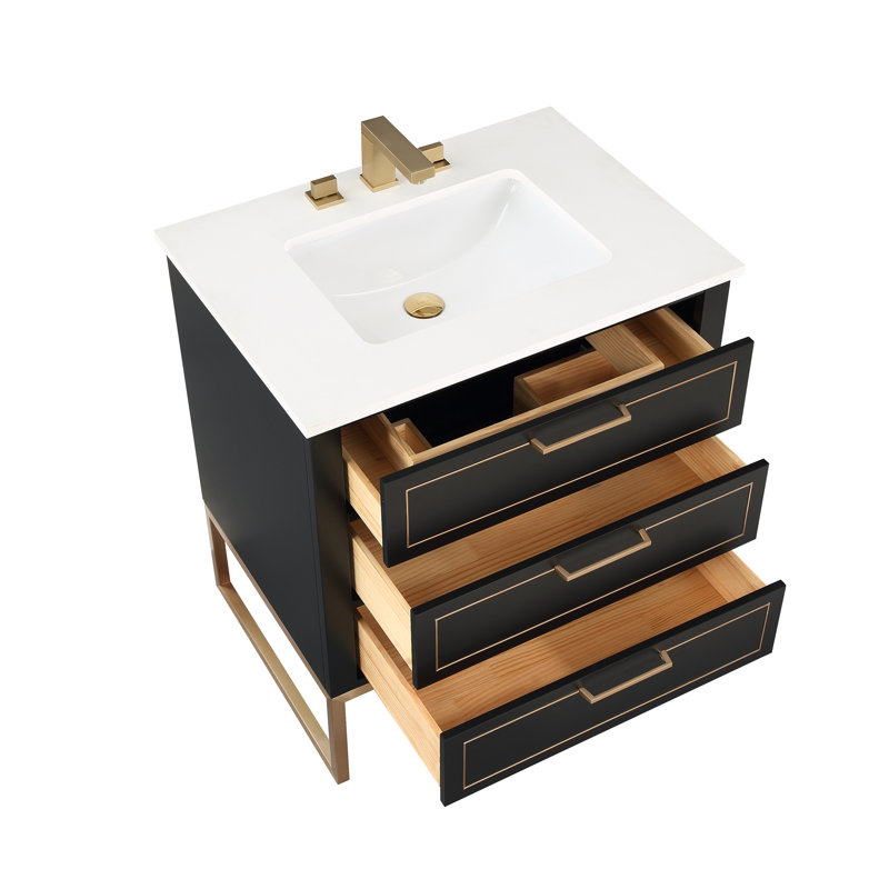 Ensemble de meuble-lavabo simple 30 po Markham, Nuit noire, Quartz blanc, Laiton satiné