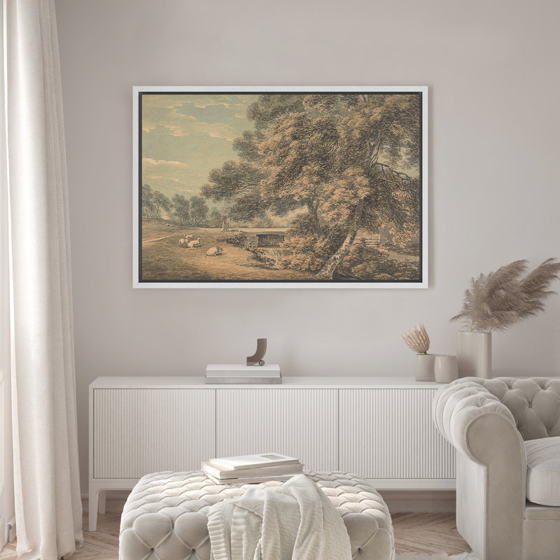 Reproduction d'art sur toile encadrée - paysage rétro, salon, décor de ferme moderne, H 24 po x l 36 po, Blanc