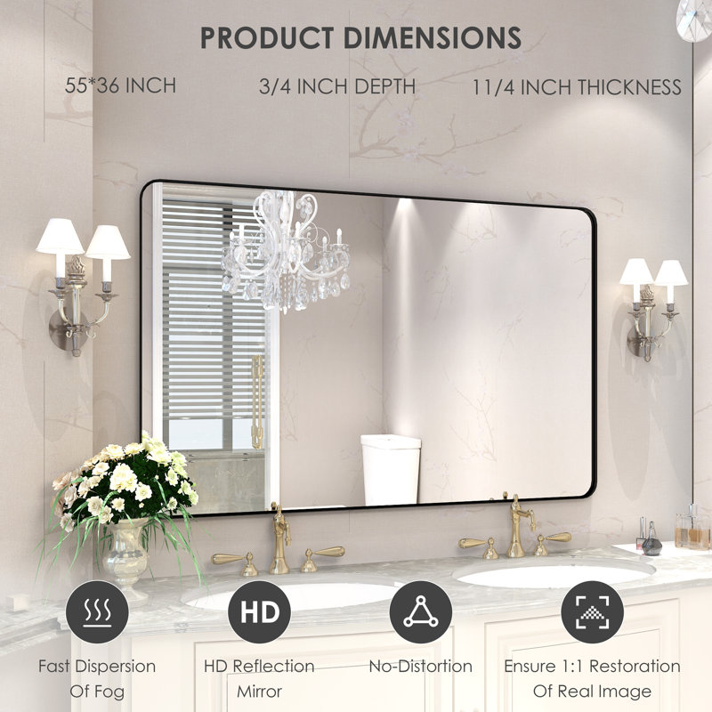 Miroir de salle de bain mural Premium Premium, 36 po x 55 po, Noir mat, Rectangulaire