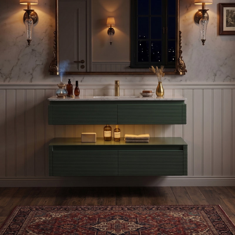 Meuble-lavabo suspendu de 122 cm (L) x 53 cm (P) avec comptoir en pierre, éclairage DEL intégré, design cannelé à deux niveaux, tiroirs à fermeture amortie, vert