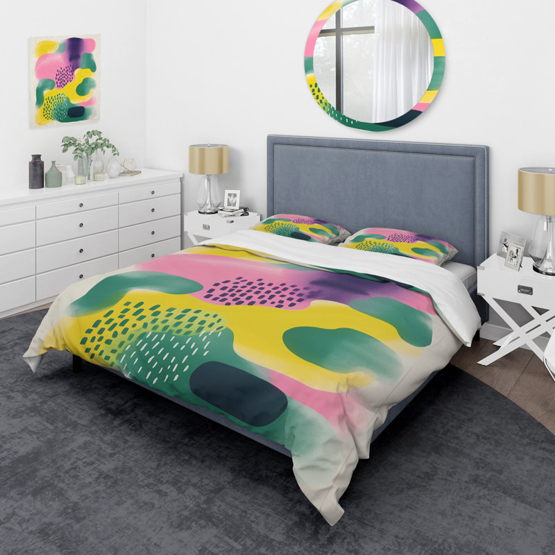Ensemble de housse de couette abstrait jaune et vert - Collages abstraits, Housse de couette pour très grand lit et 2 très