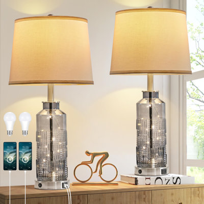 Ensemble de 2 lampes de table modernes pour la chambre à coucher avec 2 lampes de chevet en verre de 27 po avec guirlandes, lampes de chambre à commande tactile à intensité variable à 3 voies pour table de chevet avec abat-jour tambour en lin (ampoul