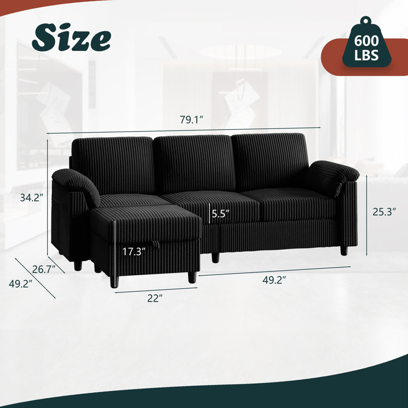 79'' Upholstered Sofa With Ottoman, Black