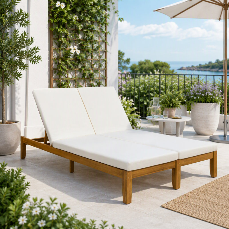 Chaise longue double réglable pour l'extérieur avec coussins imperméables, L 49,61 po, Beige, naturel