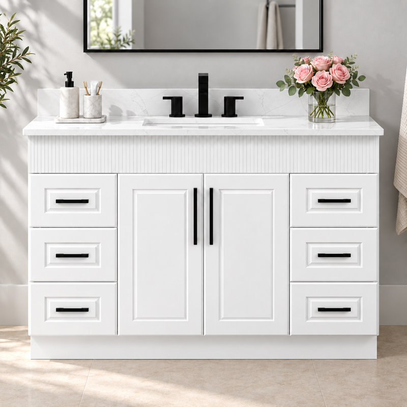 Meuble-lavabo rustique 48 po avec lavabo, comptoir en quartz, dosseret