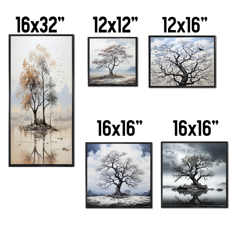 Subtile élégance de l'arbre monochrome I - ensemble de 5 impressions sur toile monochromes, Cadre flottant noir