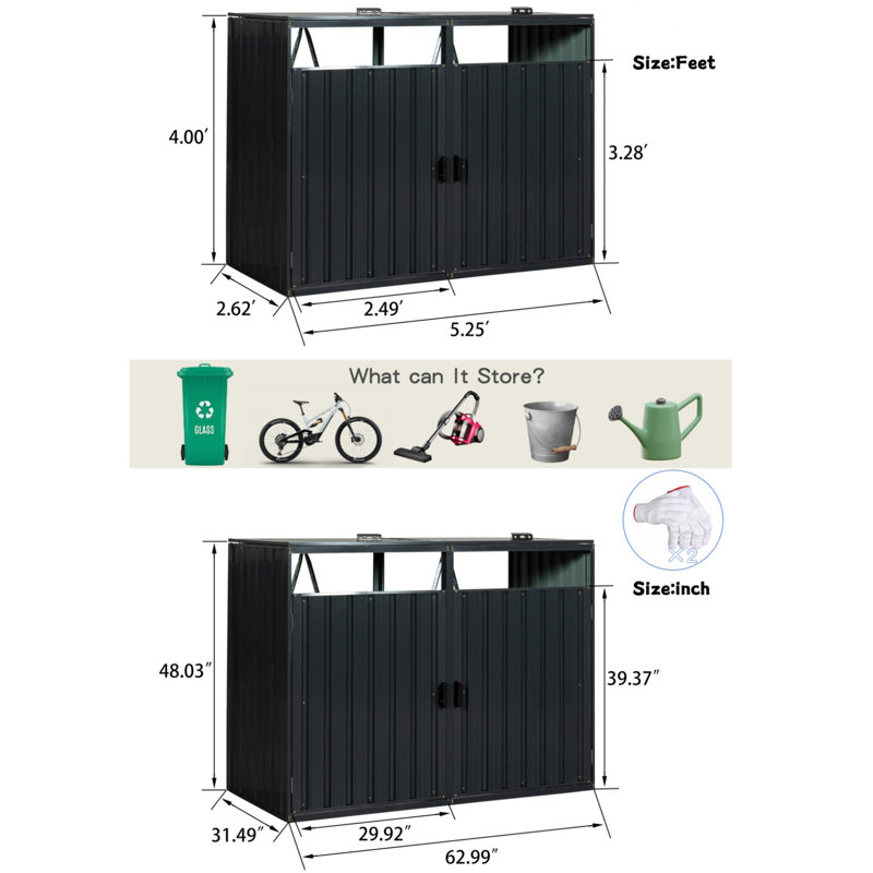 Garbage Bin Shed Stores 3 Trash Cans Outdoor Bin Shed For Garbage Storage, 48.03" H x 62.99" W x 31.49" D