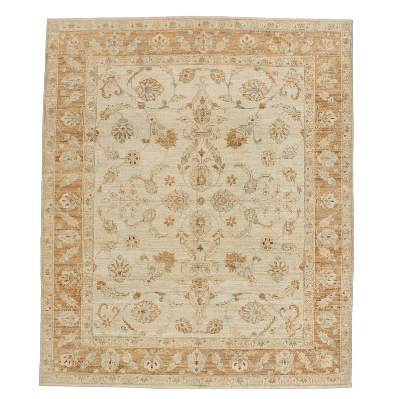 Tapis turc Oushak rétro ivoire et brun fait à la main rétro 8 x 8 Anatolian