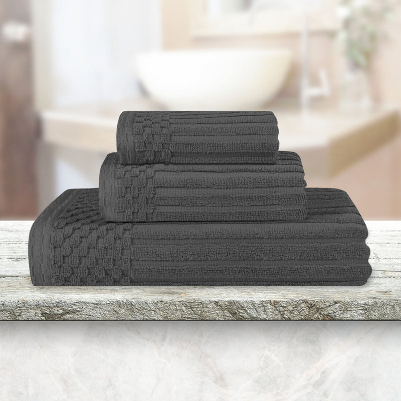 Kaelea Soho Cotton Ribbed Checkered Border Medium Weight 3 Piece Assorted Bathroom Towel Set, Dark Gray, 3 Piece Towel set