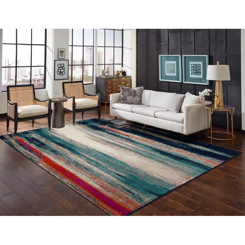 Tapis décoratif abstrait en laine rouge/bleu intérieur/extérieur, Rectangle de 5 pi x 8 pi