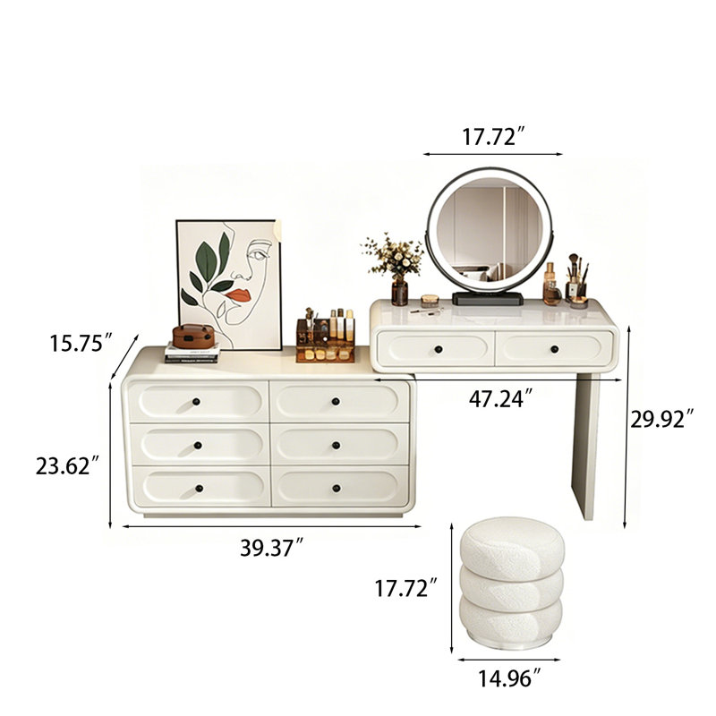 59.06"Cream-colored white sideboard-style makeup table with a mirror