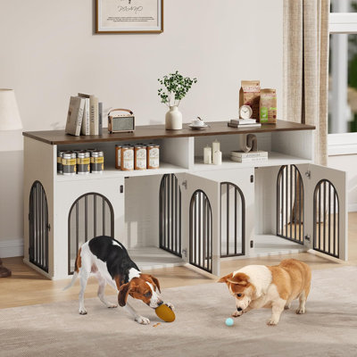 Meuble de 78 po pour caisse double 78,7 po, chenil pour chien avec rangement, meuble télé en bois blanc pour cage de chien, grand chenil pour 2 chiens de taille moyenne / grande