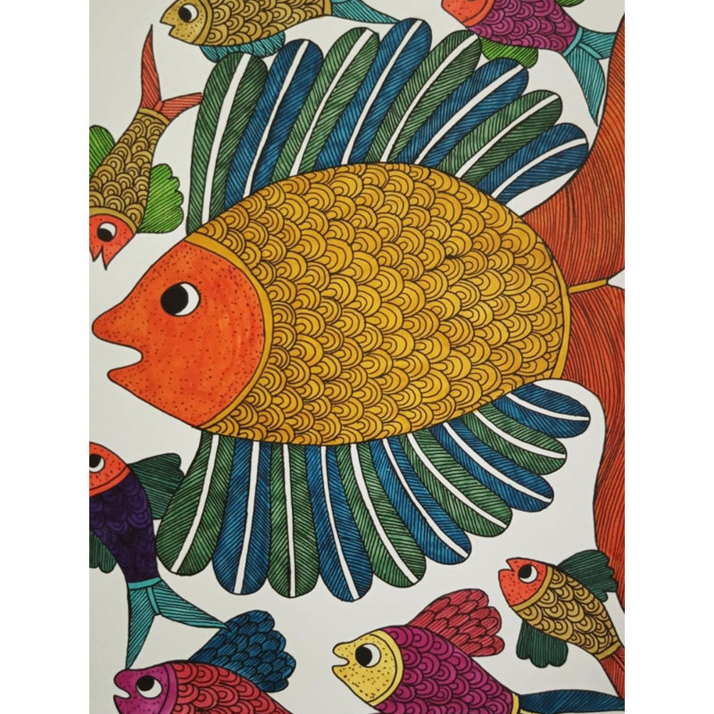 «Fish Family Gond Art», marqueurs à alcool et fineliners, peinture sur papier par Ruchi - art mural tribal indien aquatique pour décoration de cuisine Boho