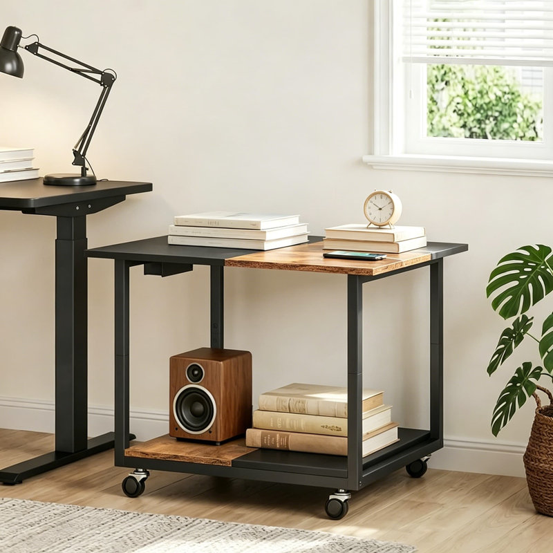 Grand support d'imprimante avec station de charge, chariot d'imprimante sur roulettes, brun rustique et noir, pour le bureau ou le salon