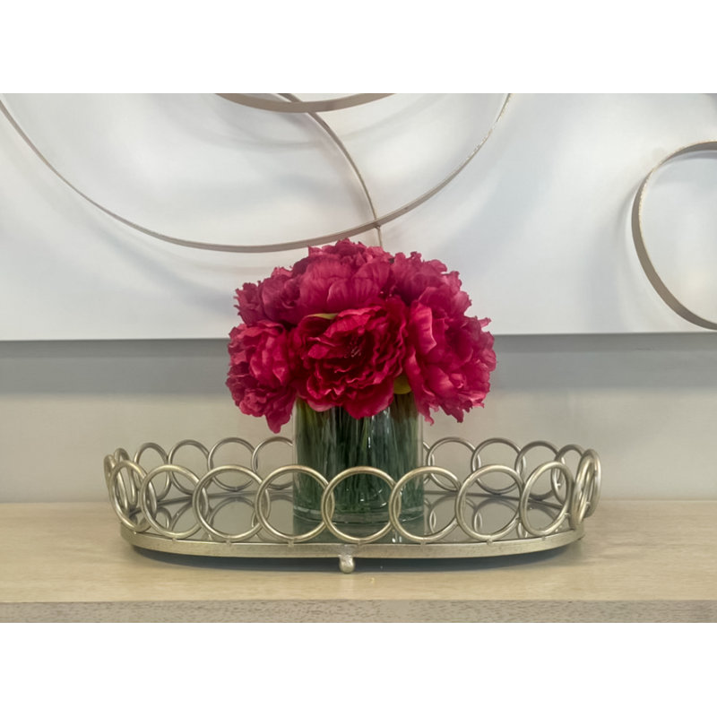 Peony Arrangement in Glass Vase with Grass, Magenta