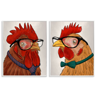 Stupell Industries Quirky Hipster Roosters 2pc Framed Giclee Set, Design By Marcus Prime In Coastal White Framed Giclee