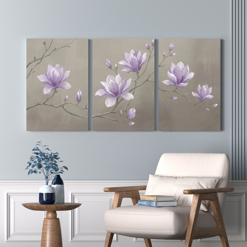 Mauve fleur de magnolia sur toile tendue, ensemble de 3 reproductions de peintures à l'huile pour salon, H 24 po x l 48 po