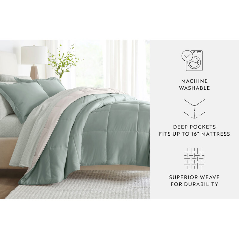 7-Piece Reversible Bedding Bundle - Solid Comforter and Patterned Sheet Set, Green Geometric