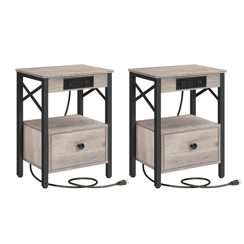21.5" Iron Nightstand with Storage and Built-In Outlets, Gray