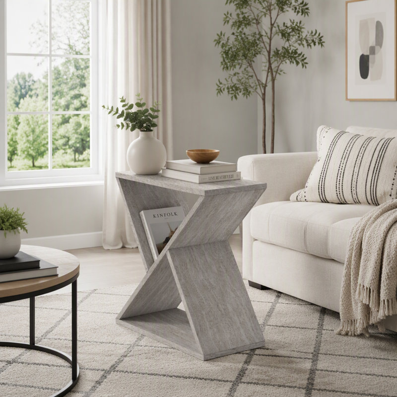 Table de bout étroite contemporaine en placage contemporain avec tablette inférieure ouverte, parfaite pour les petits espaces dans les chambres et les salons.