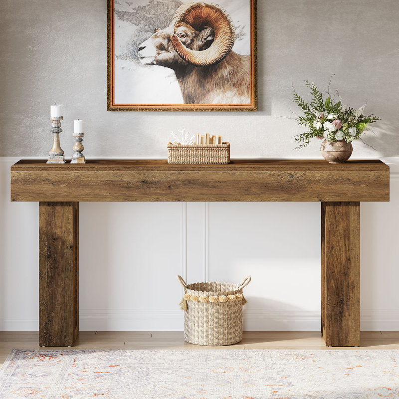 63 Inch Rattan Console Table, Farmhouse Entryway Table Sofa Table With Heavy Duty Legs
