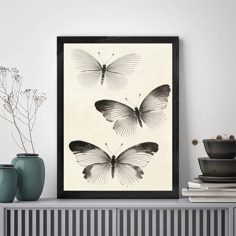 Art mural papillon noir, aquarelle encadrée de style rétro, H 11 po x l 9 po