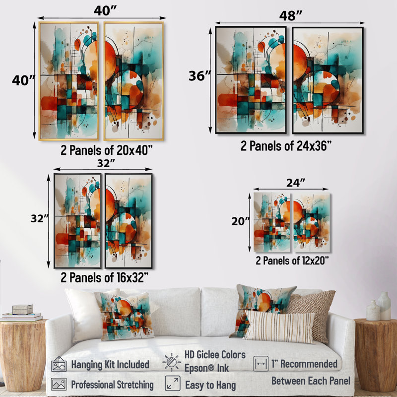 Orange énergie géométrique - 2 reproductions d'art moderne sur toile, H 32 po x l 32 po, Toile tendue, Ne s’applique pas
