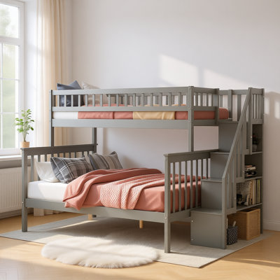 Twin Over Full Stairway Bunk Bed with Storage and Shelves, Convertible into Two Separate Beds, Solid Wood Frame