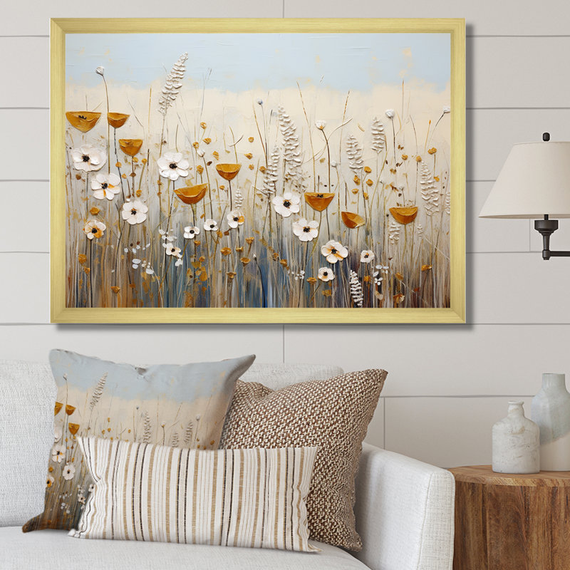 Élégance florale beige - Fleurs murales, art mural, Cadre doré simple, H 34 po x l 44 po x P 1,5 po