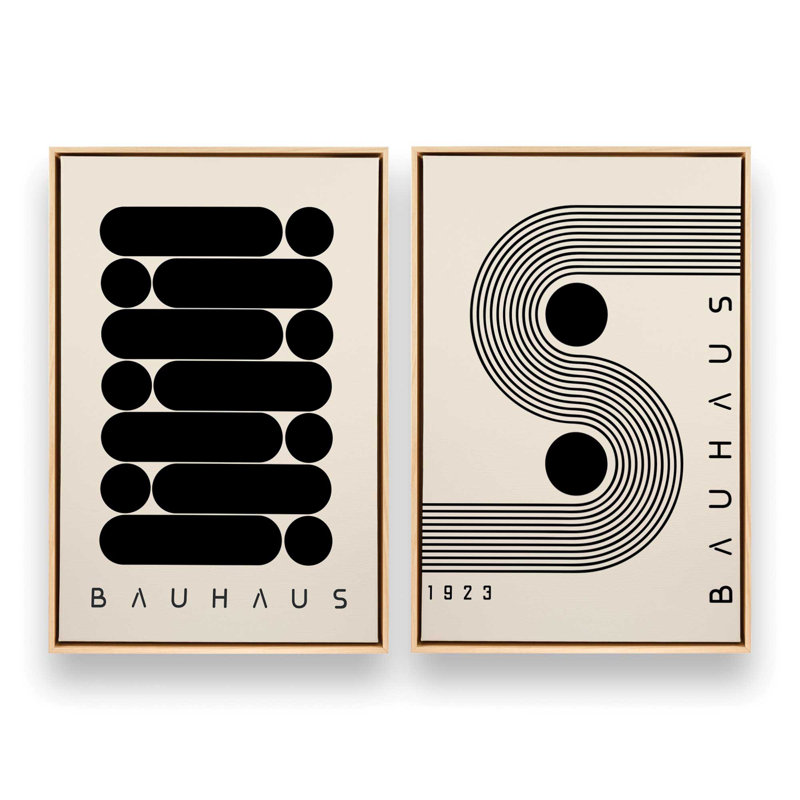 Ensemble de 2 impressions sur toile géométriques Bauhaus Energy, Cadre américain en érable flottant