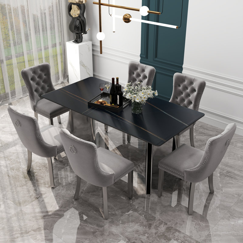 Rectangle Double Pedestal Dining Set with Tufted Dining Chair, 7, Silver, Gray